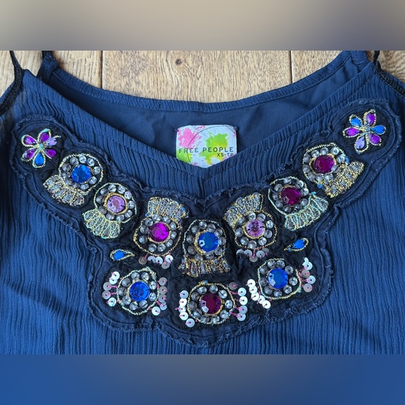 Free People 100% Silk Navy Blue Tiered Ruffle Spaghetti Strap Dress size XS - Picture 2 of 10